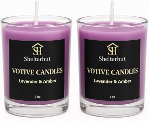 Clear Glass Votive Candles Shelterhut Clear Glass Votive Candles – Lavender & Amber Scent, 3 oz, Black (2 Pack)