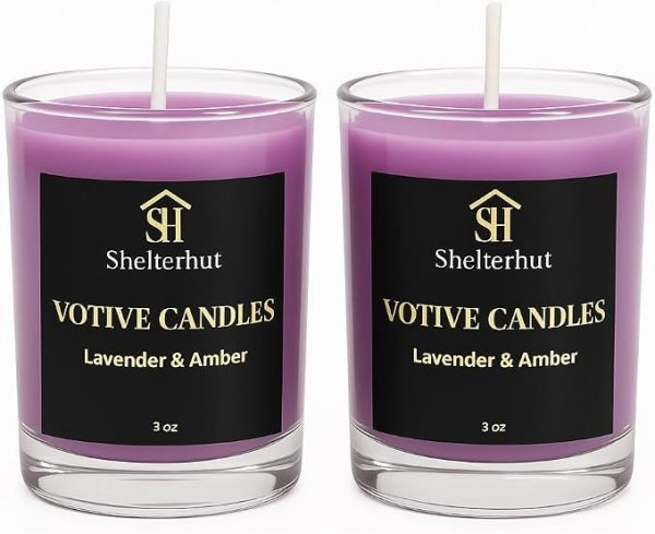 Clear Glass Votive Candles Shelterhut Clear Glass Votive Candles – Lavender & Amber Scent, 3 oz, Black (2 Pack)