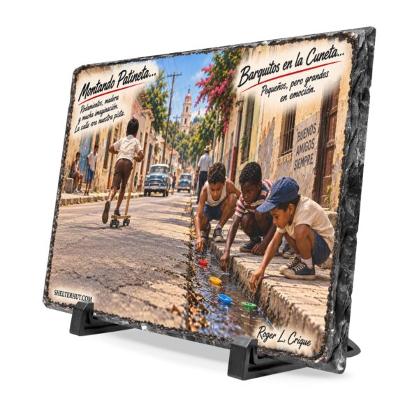Roger L. Crique Heritage Collection Slate Desk Plaque | Montando Patineta y Barquitos en la Cuneta